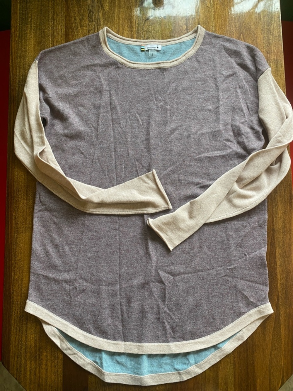 Smartwool Mauve Heather Crewneck with Light Blue Yoke and Cream Trim